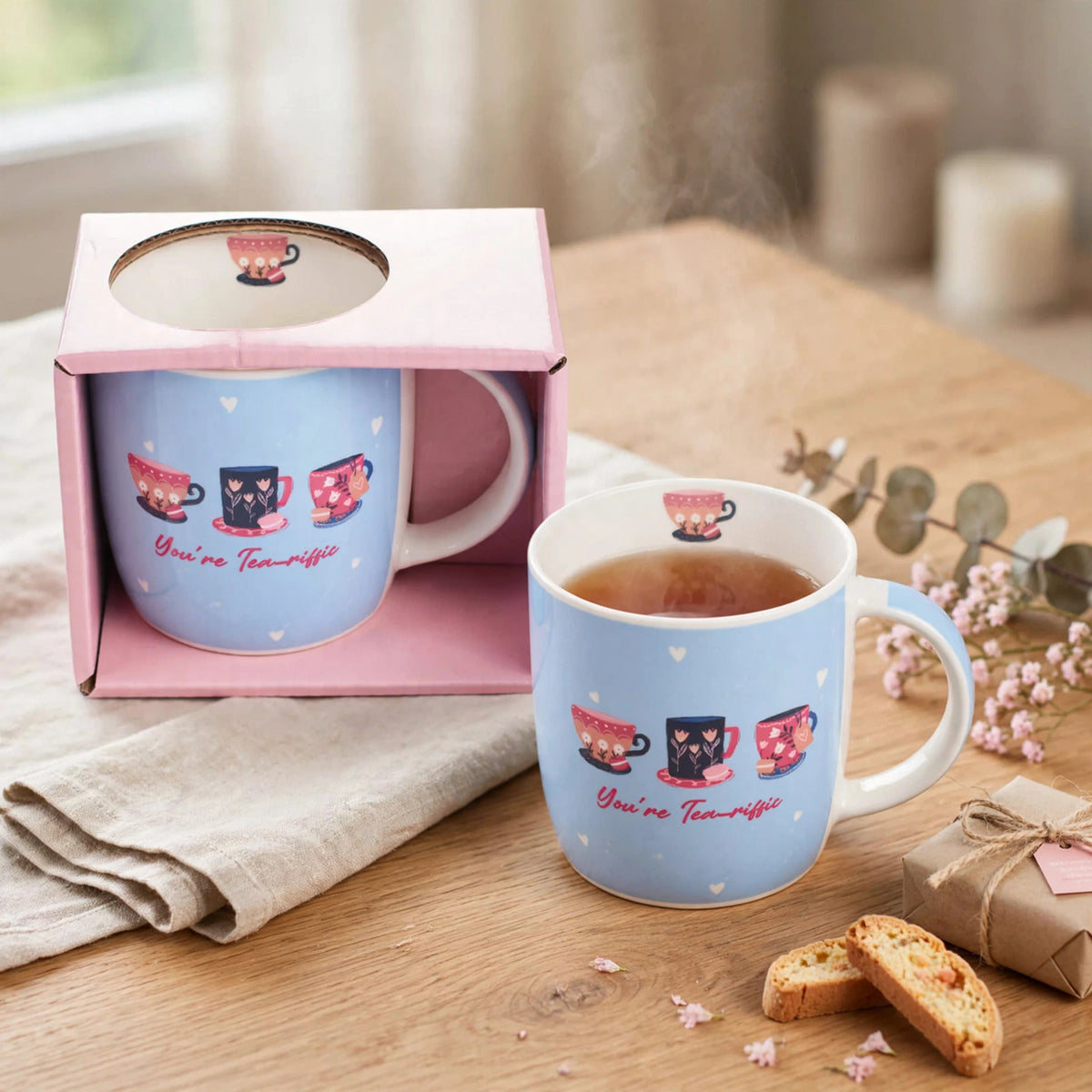 Gift mug displayed with tea