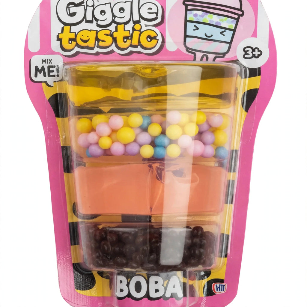 Close-up view of the Giggletastic Boba-Themed Slime Stack Toy highlighting pastel multicolour layers