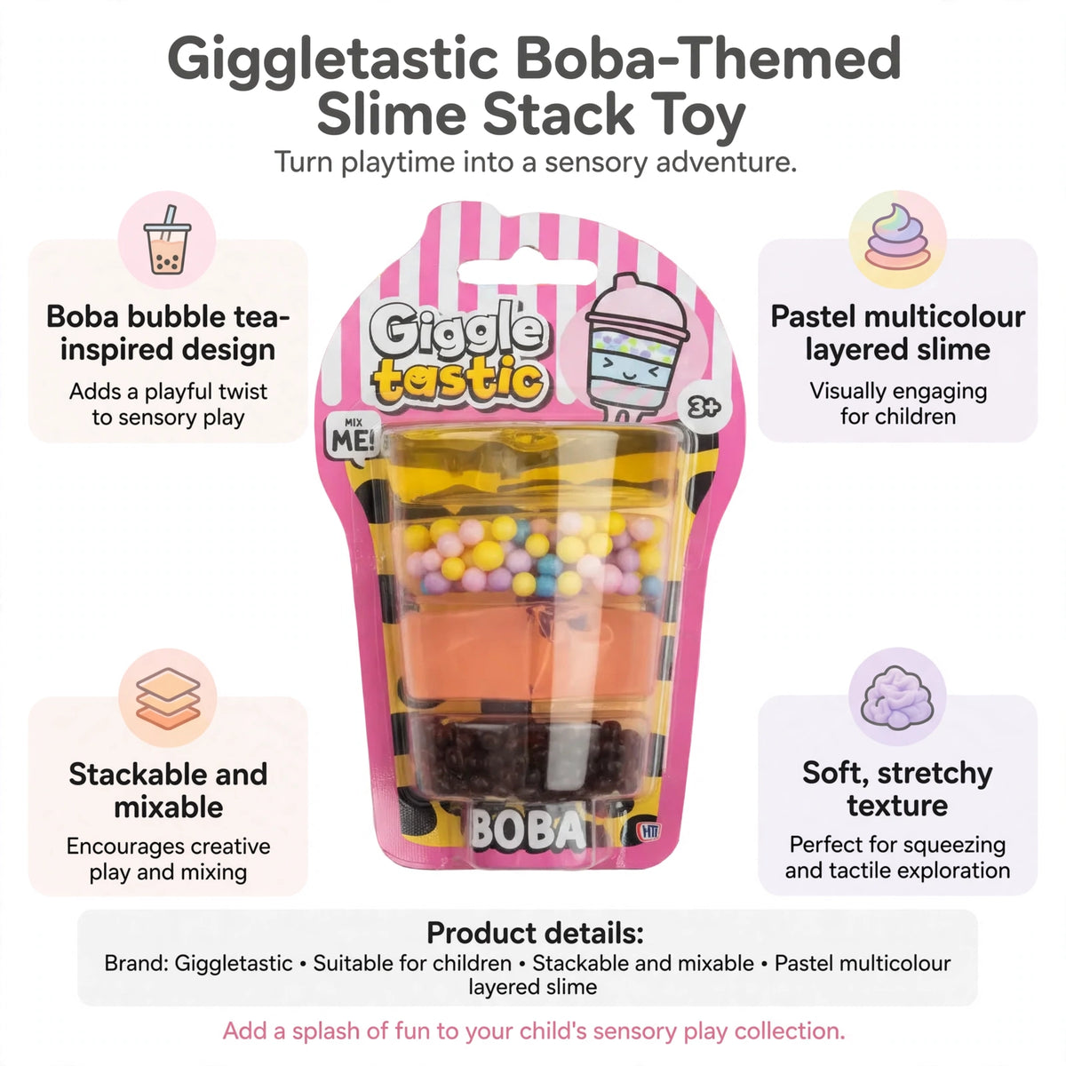 Infographic showing boba bubble tea-inspired design, pastel multicolour layered slime, stackable and mixable format, and soft stretchy texture