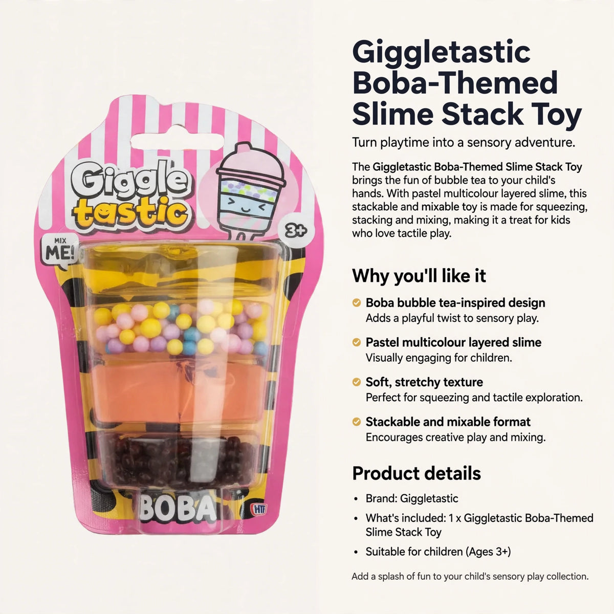 Information about the Giggletastic Boba-Themed Slime Stack Toy's stackable, mixable, and tactile play features