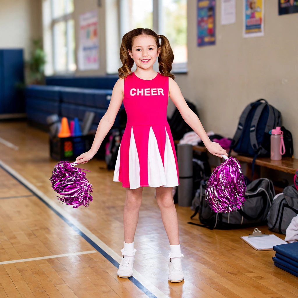 Girls wearing hot pink cheerleader dress during a performance