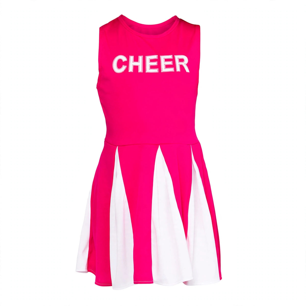 Detail view of girls hot pink cheerleader dress in medium fit