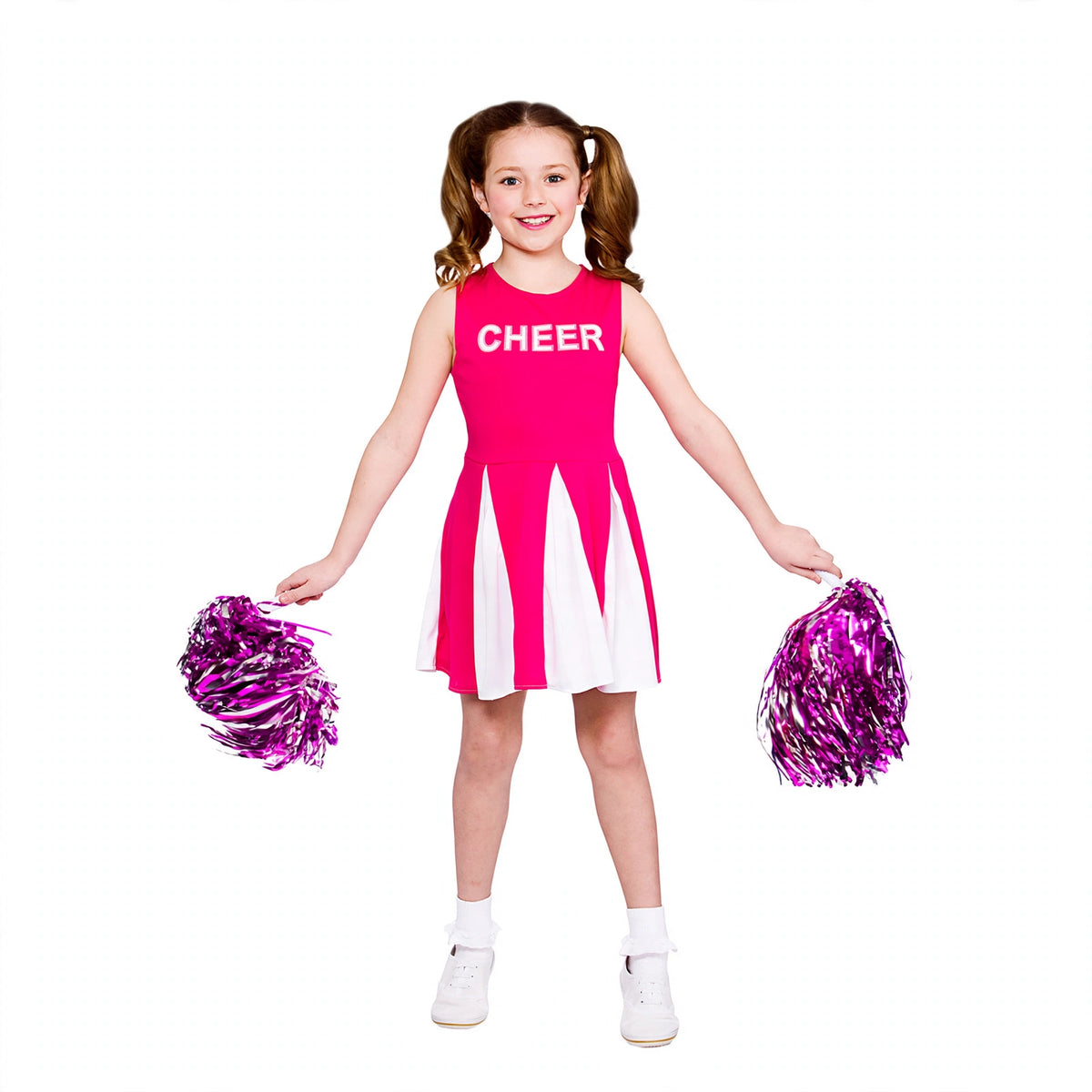 Girls hot pink cheerleader dress designed for ages 5 to 7 years