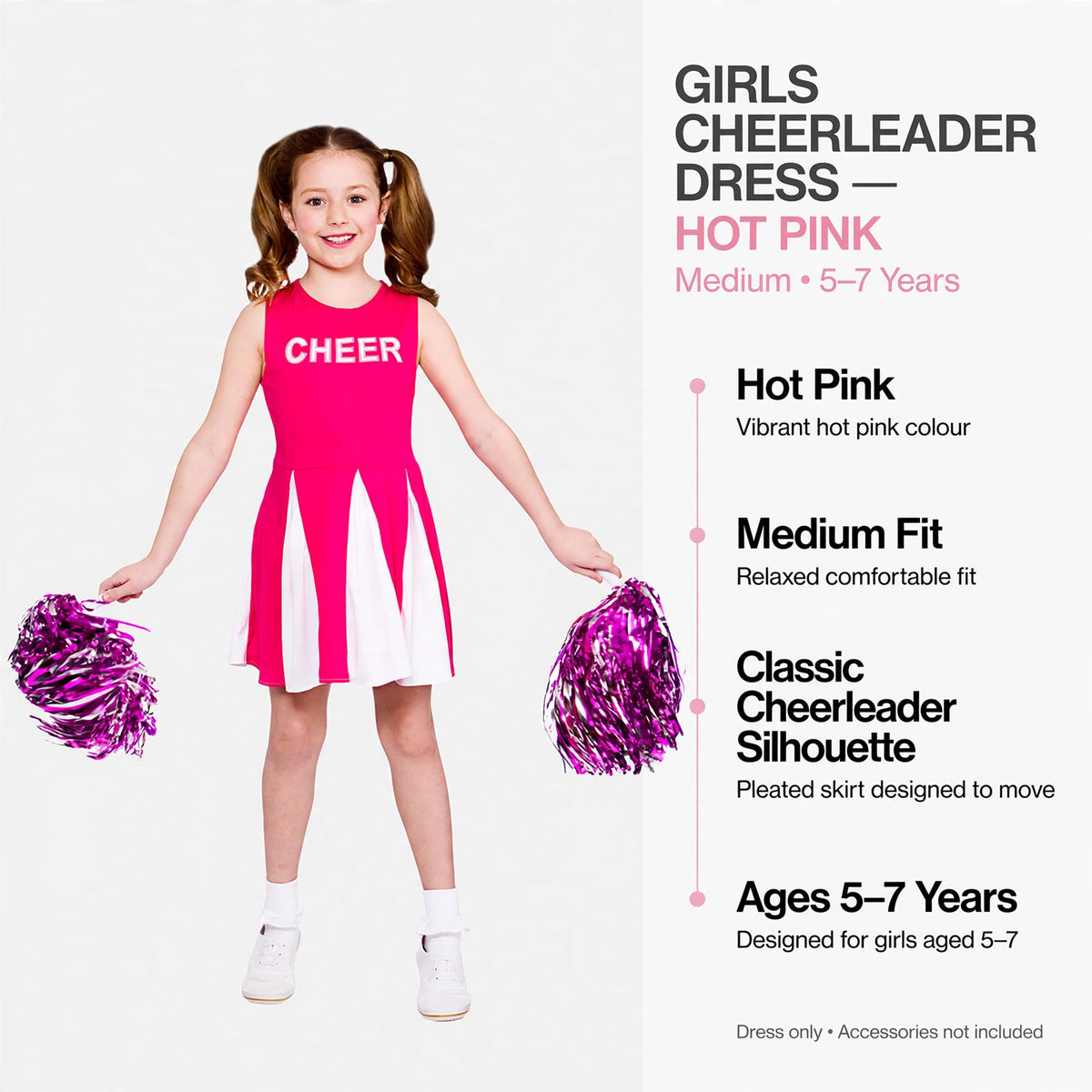 Features of girls hot pink cheerleader dress including medium fit and classic silhouette