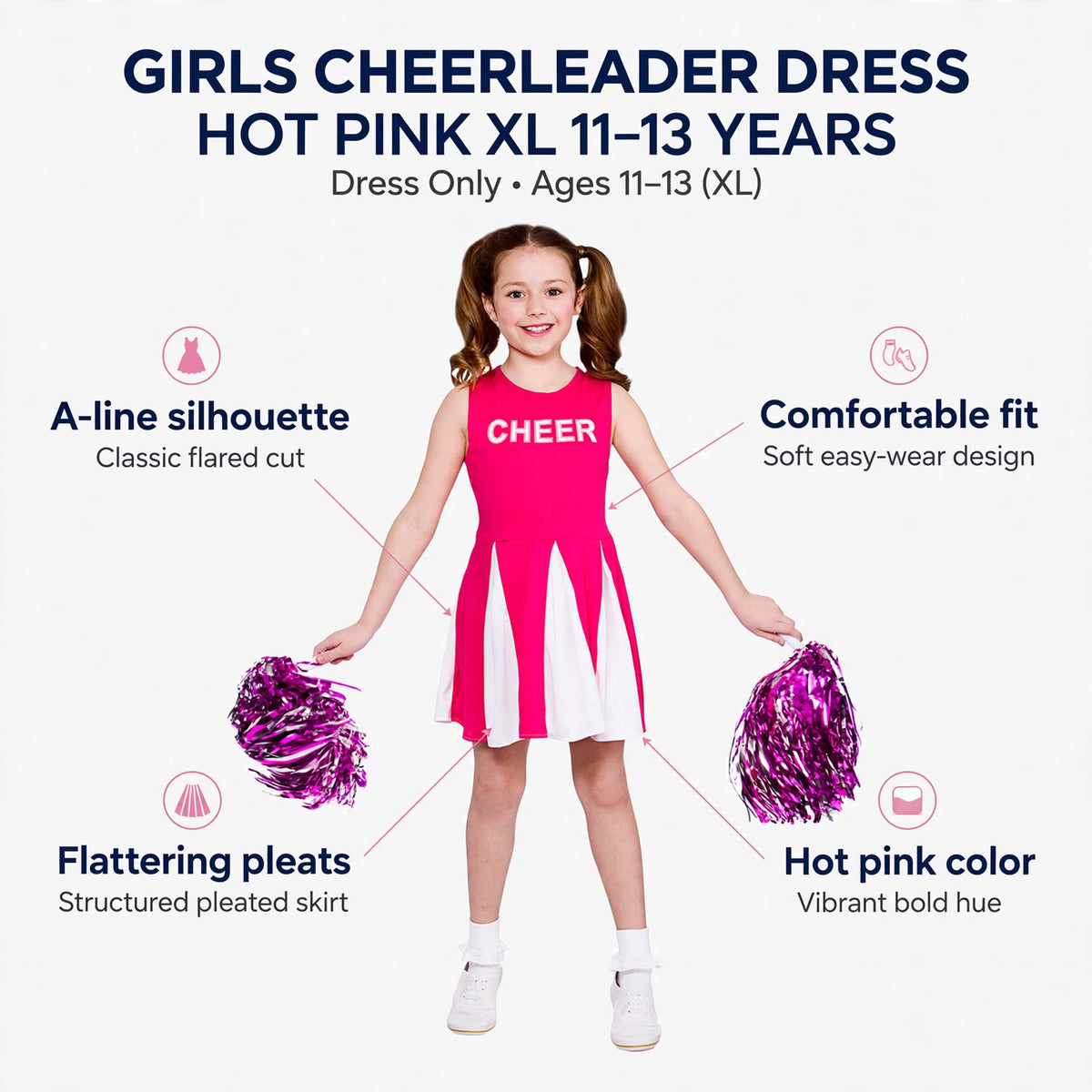 Features of the girls cheerleader dress including A-line silhouette and flattering pleats