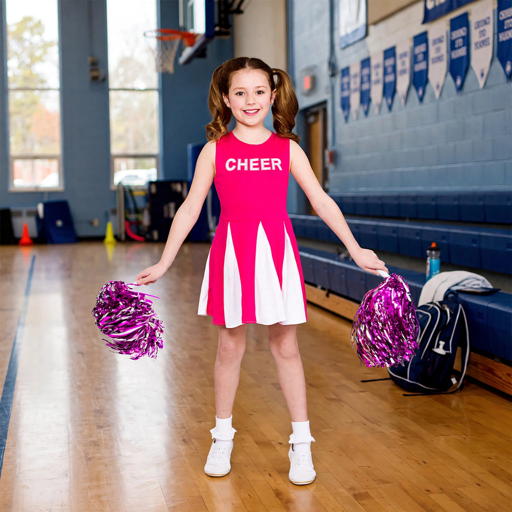 Girls wearing the hot pink cheerleader dress at a themed celebration