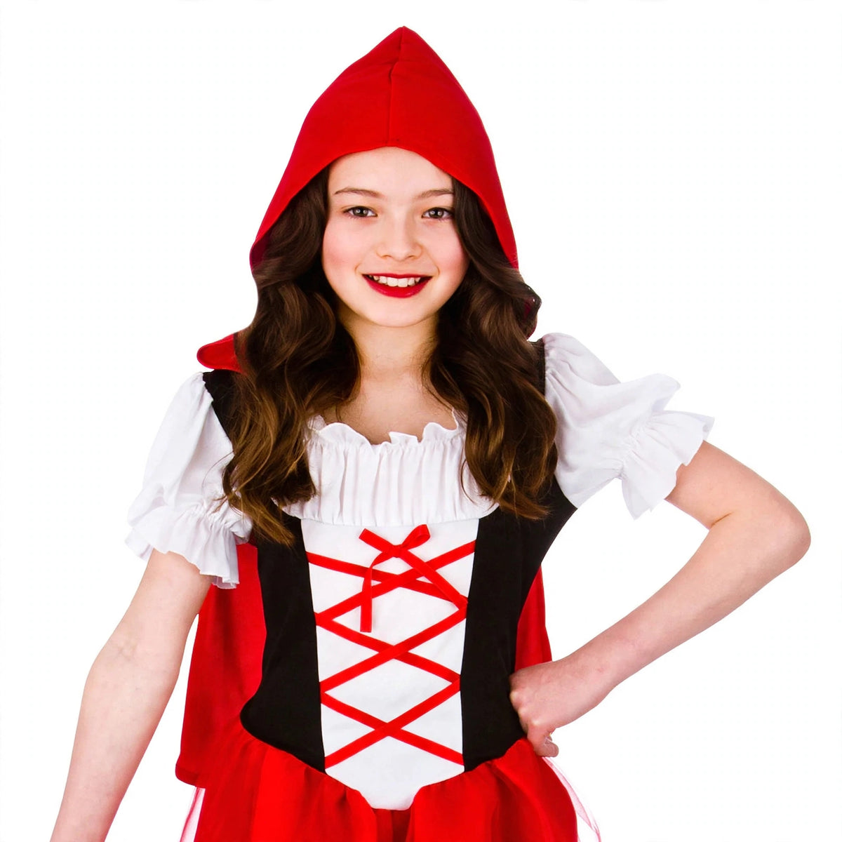 Detail view of the red cape hood and gingham dress of Girls Little Red Riding Hood Costume