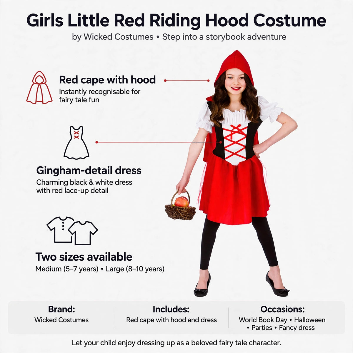 Features red cape with hood and gingham-detail dress in two sizes for children