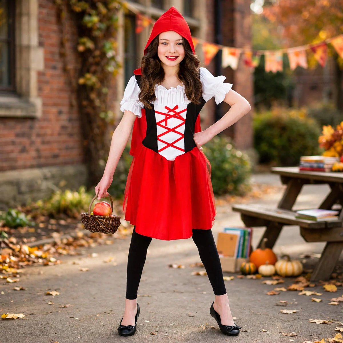 Child wearing Girls Little Red Riding Hood Costume suitable for World Book Day or Halloween