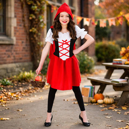 Child wearing Girls Little Red Riding Hood Costume suitable for World Book Day or Halloween