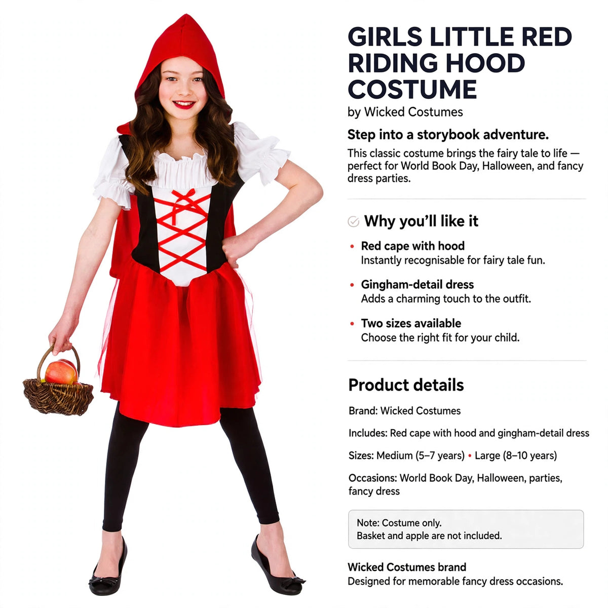 Includes red cape with hood and gingham-detail dress available in Medium and Large sizes