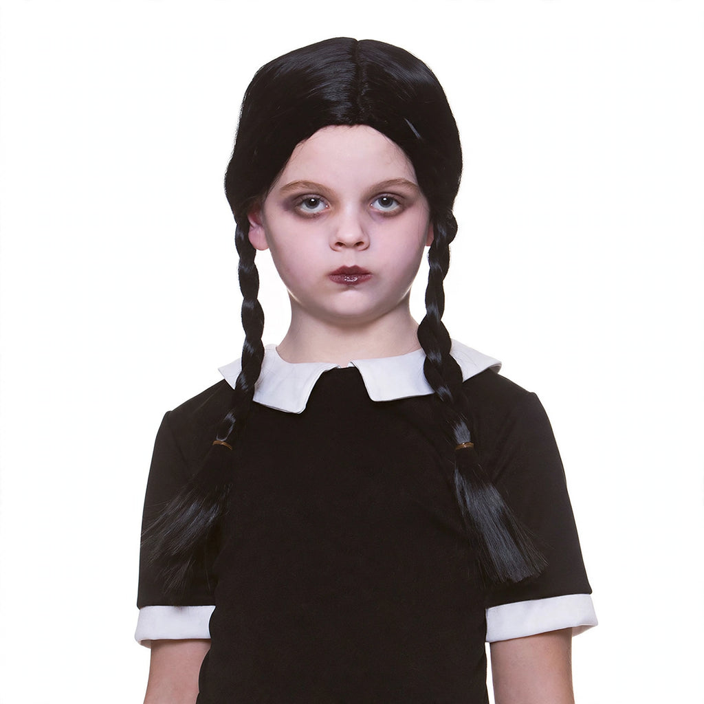 Detail view of Wicked Costumes Girls Wednesday Addams dress and plaited wig set