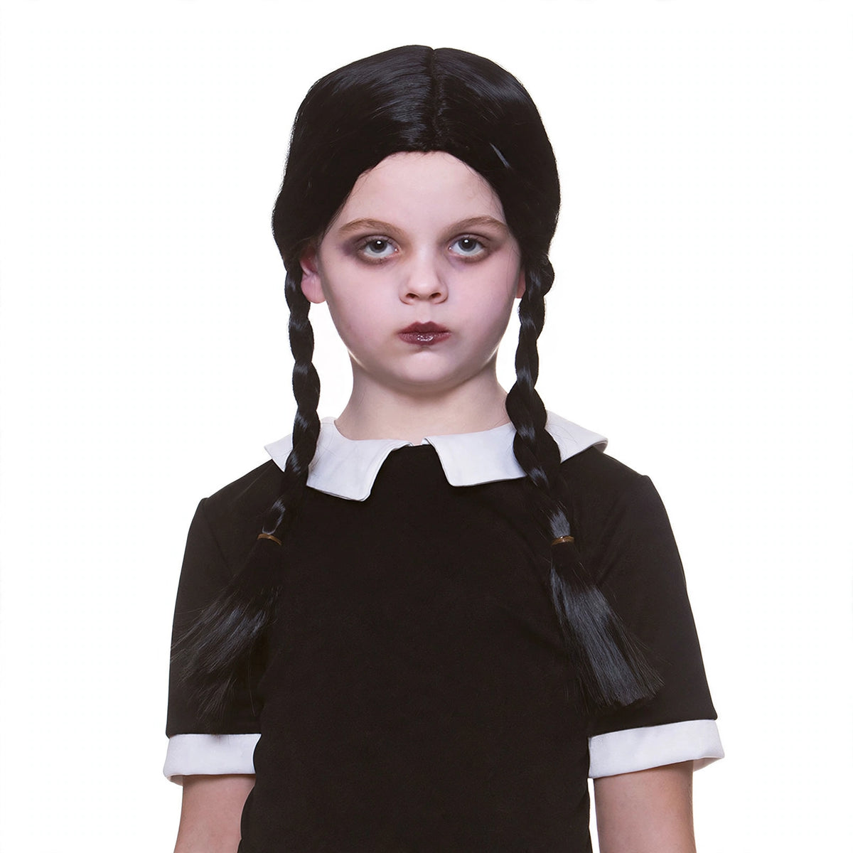 Detail view of Wicked Costumes Girls Wednesday Addams dress and plaited wig set
