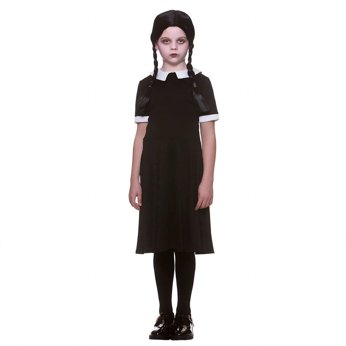 Wicked Costumes Girls Wednesday Addams black dress with white collar and plaited wig set