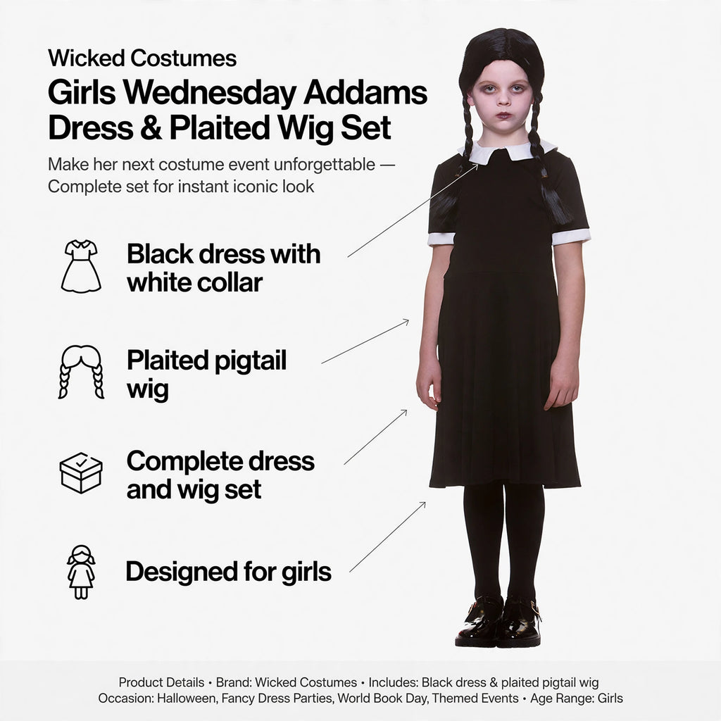 Features include black dress with white collar and wig with two long plaited pigtails