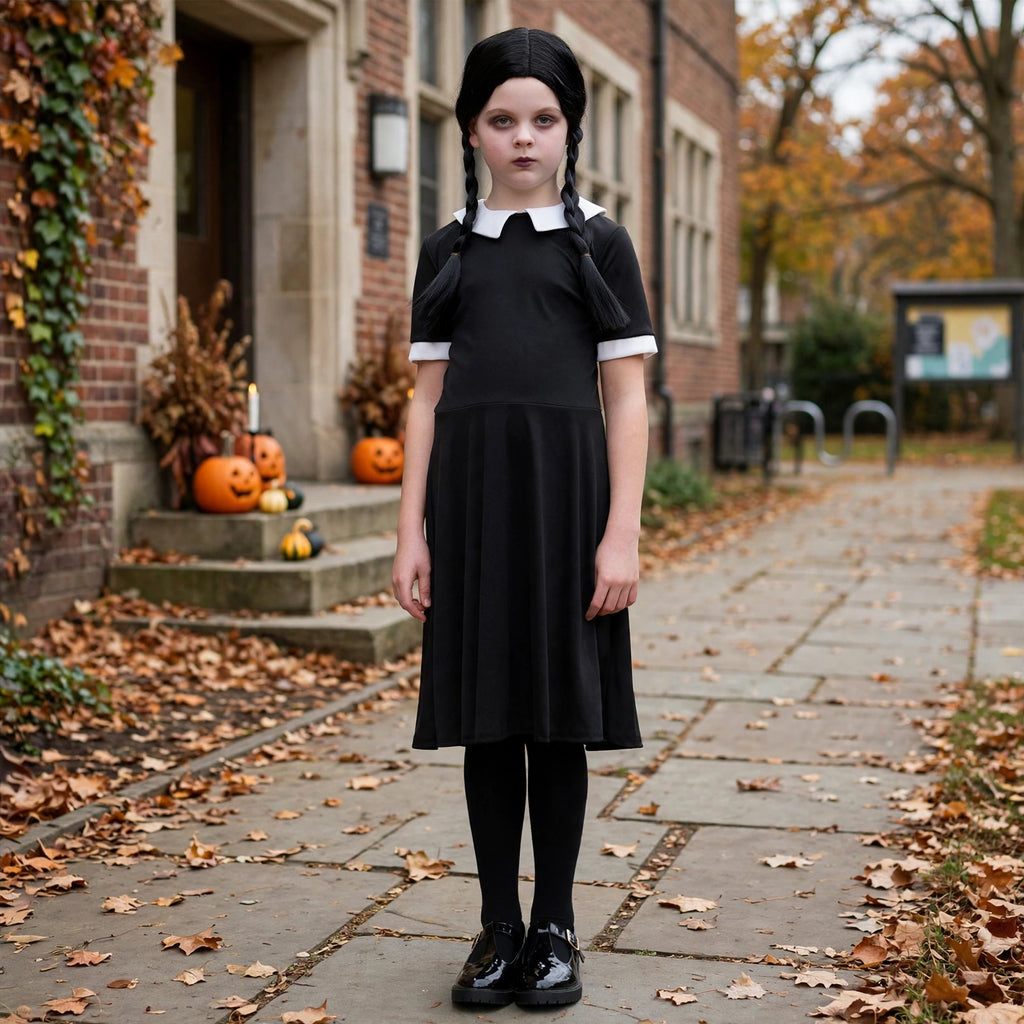 Girl wearing Wicked Costumes Wednesday Addams dress and plaited wig set for costume event