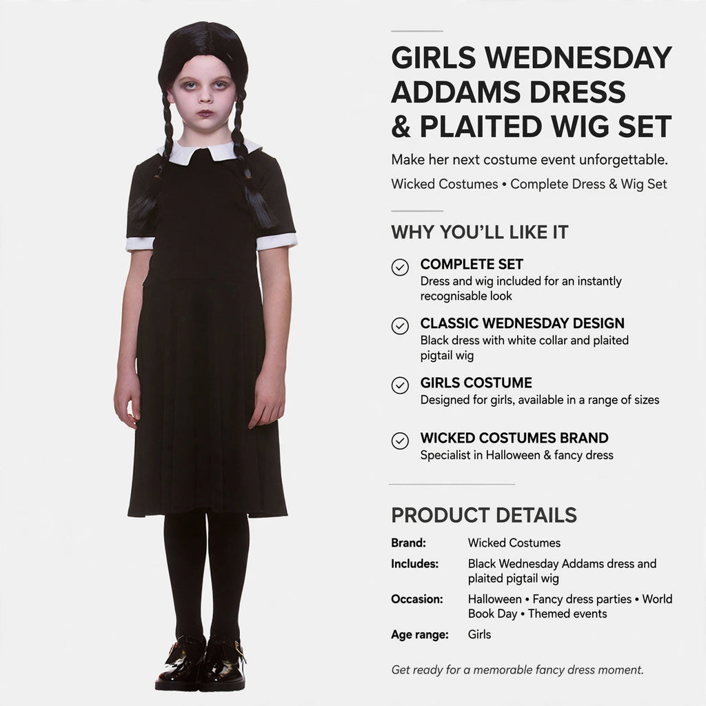 Complete costume set with dress and wig included for girls in multiple sizes