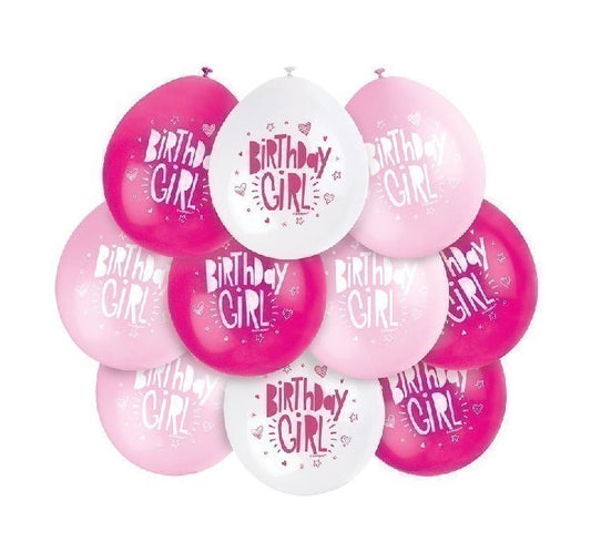 Girls Assorted Pink And White Birthday Girl Balloons 9 Inch Pack of 10