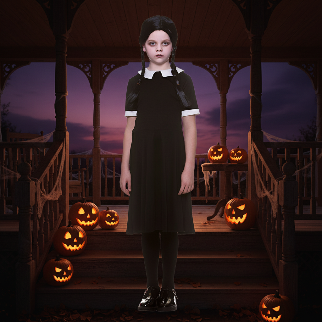 Girls Wednesday Addams Costume + Black Plaited Wig