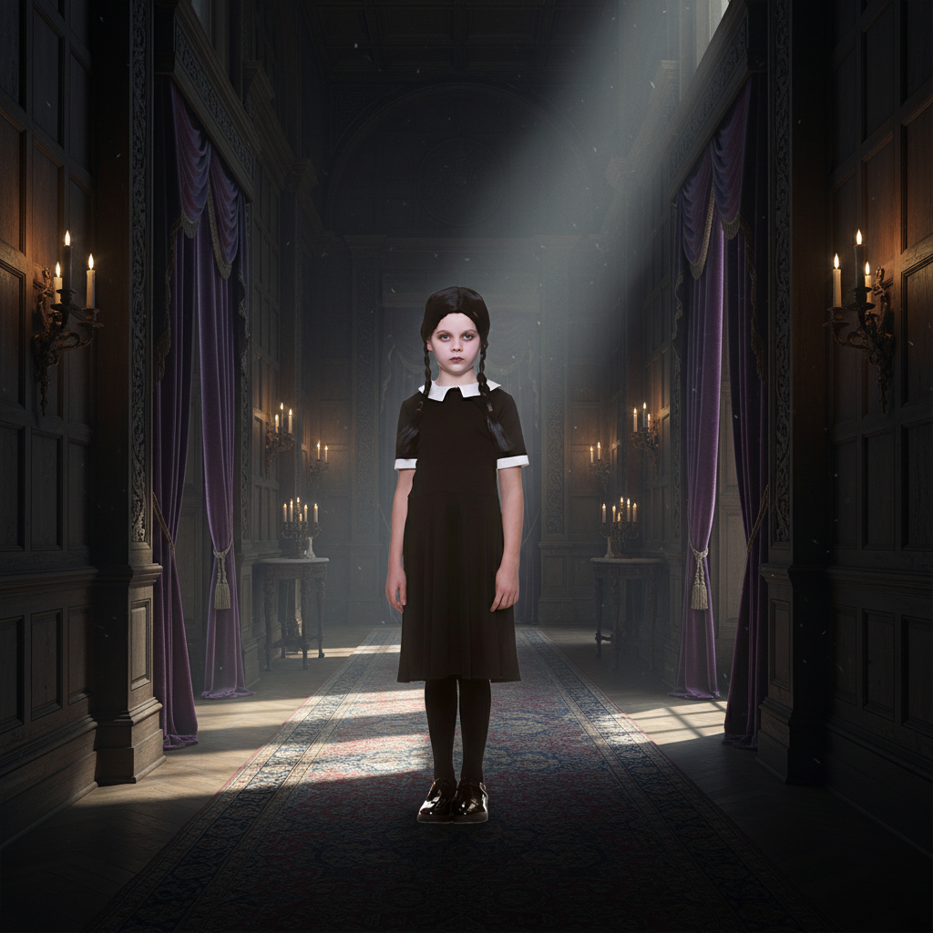 Girls Wednesday Addams Costume + Black Plaited Wig
