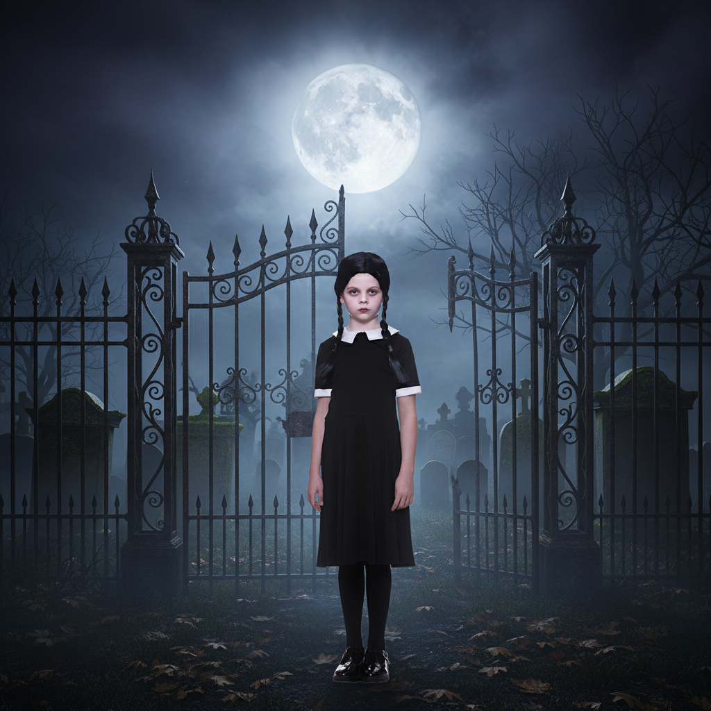 Girls Wednesday Addams Costume + Black Plaited Wig