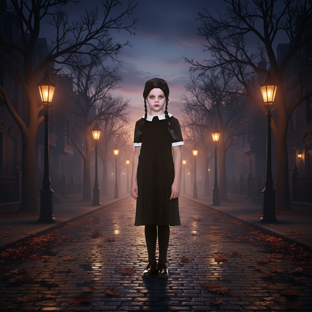 Girls Wednesday Addams Costume + Black Plaited Wig