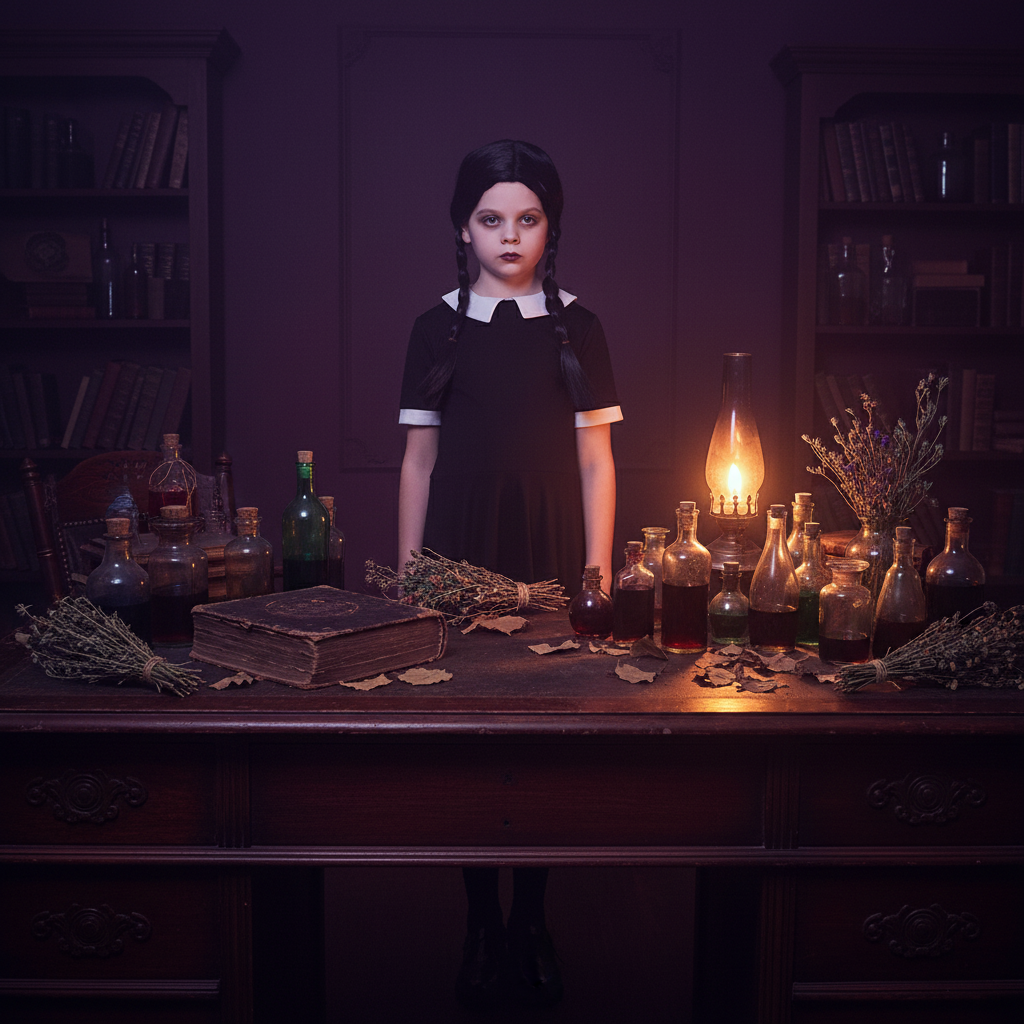 Girls Wednesday Addams Costume + Black Plaited Wig