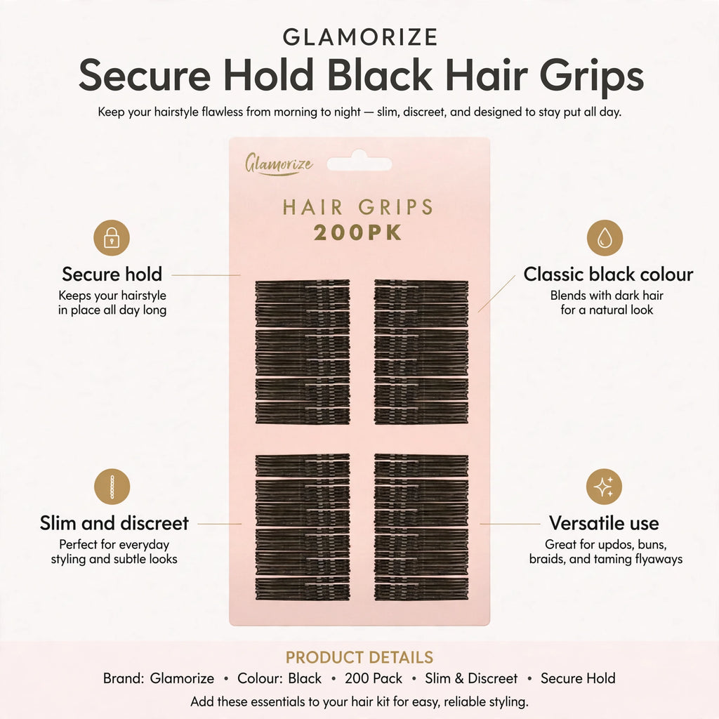 Infographic showing secure hold, classic black colour, slim and discreet design, and versatile use of hair grips