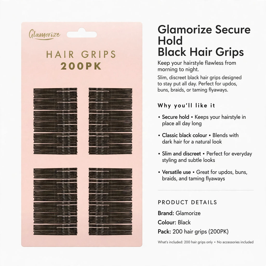 Information about secure hold, classic black colour blending with dark hair, and versatile styling options