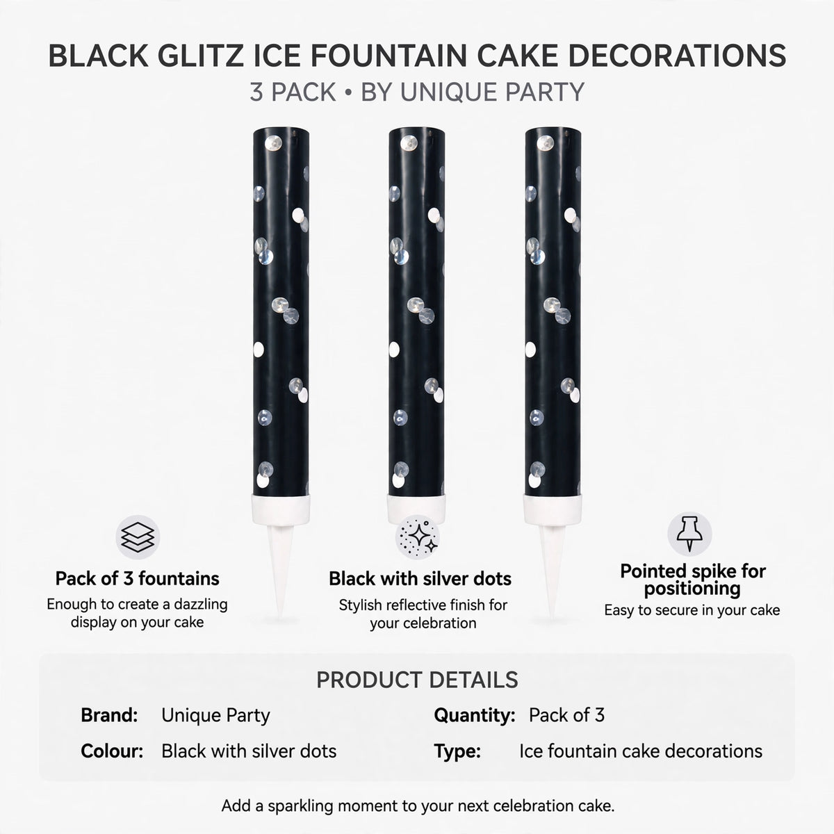 Features pack of 3 fountains, black color with silver dots, and pointed spike for cake placement