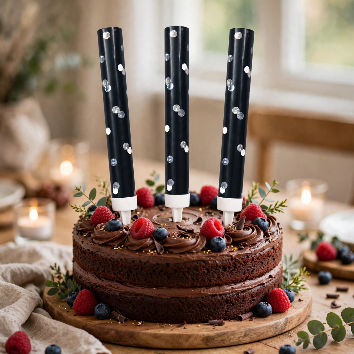 Black Glitz Ice Fountain Cake Decorations placed on a celebration cake