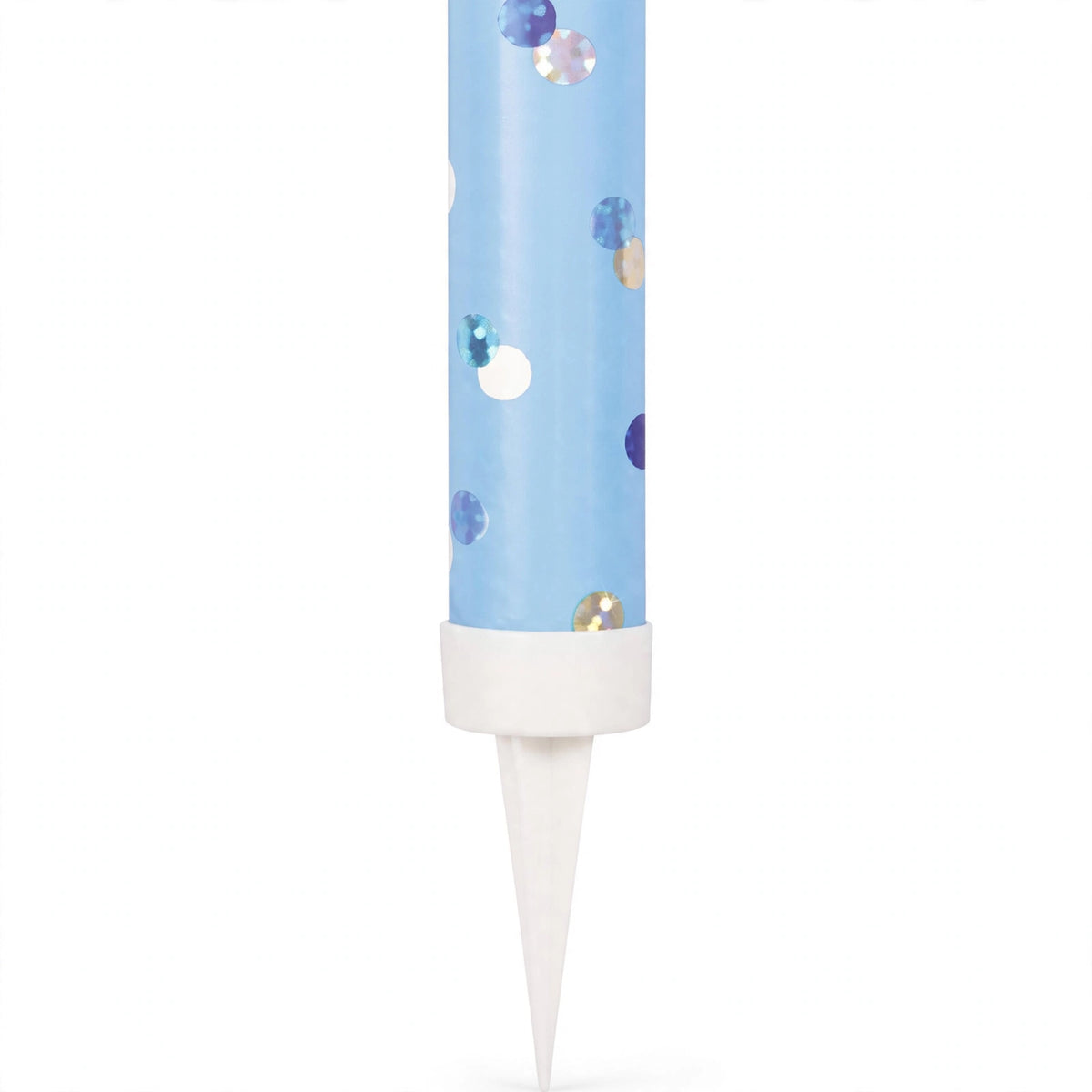 Close-up of blue ice fountain cake decoration with reflective dots and pointed spike