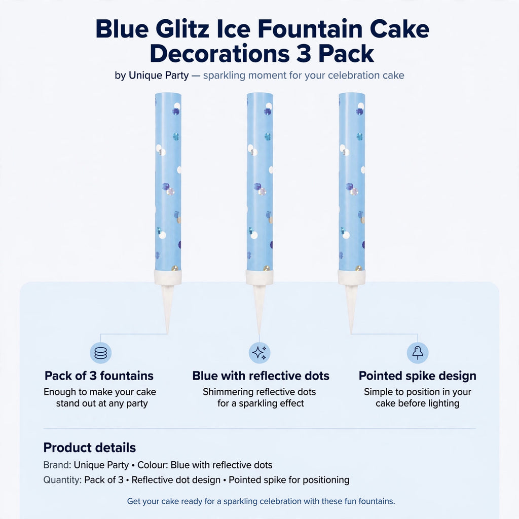 Infographic showing pack of 3 blue ice fountain cake decorations with reflective dots and pointed spikes