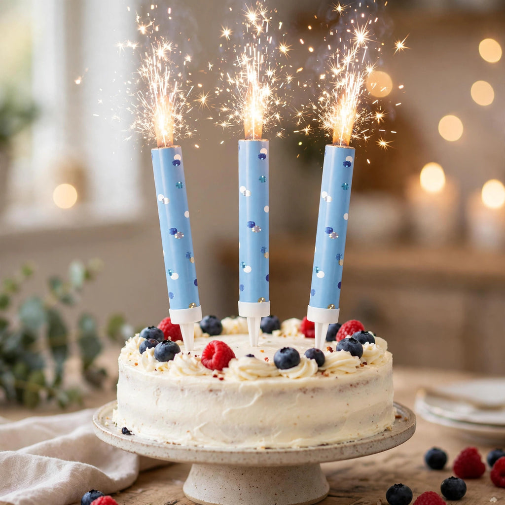 Blue Glitz Ice Fountain Cake Decorations inserted into a celebration cake for birthdays or special occasions