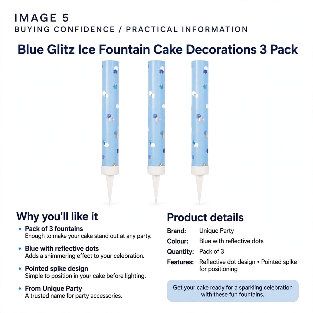 Blue Glitz Ice Fountain Cake Decorations pack of 3 by Unique Party with pointed spike for easy cake positioning
