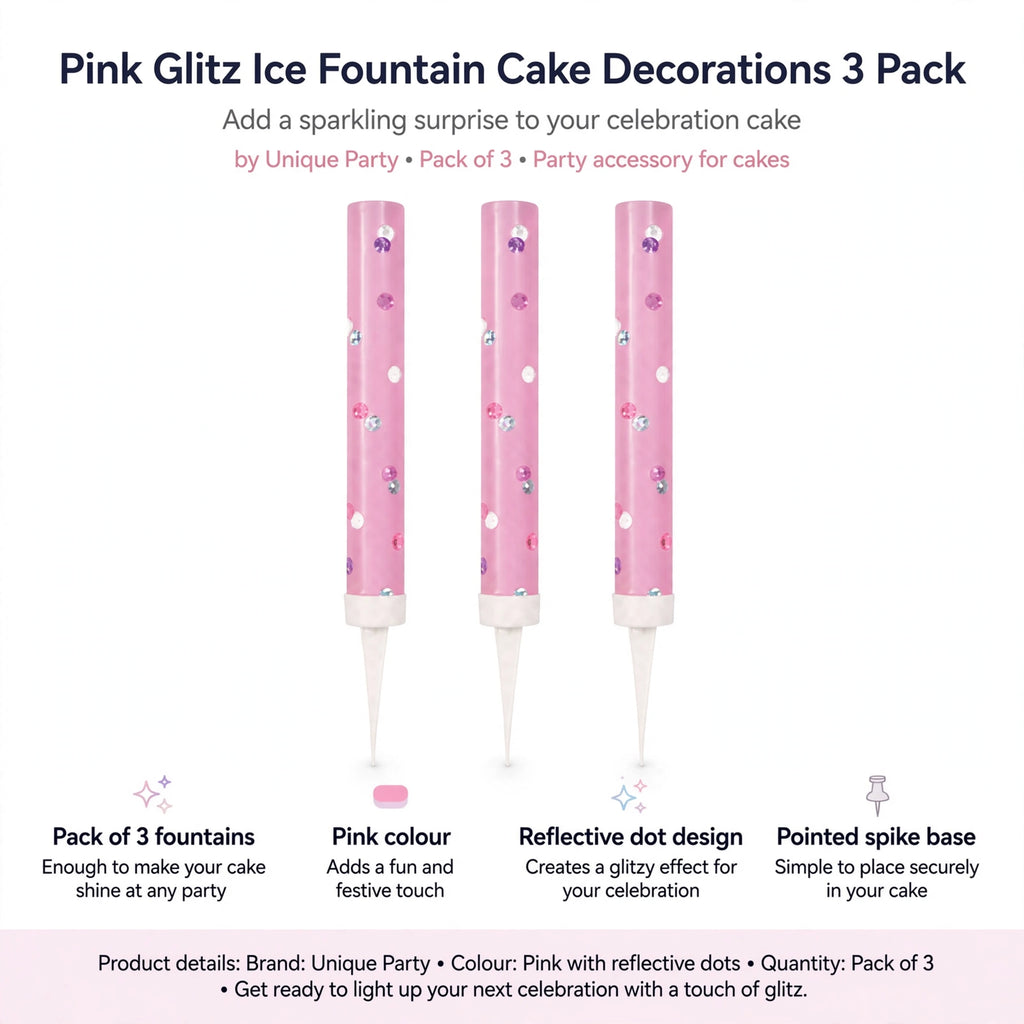 Infographic showing pack of 3 fountains, pink colour, reflective dot design, and pointed spike base