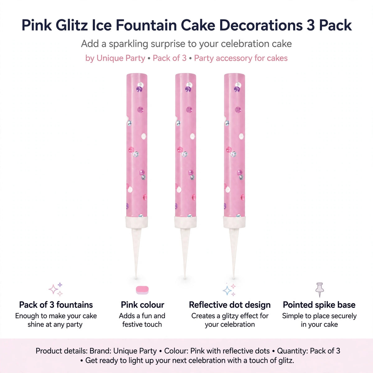 Infographic showing pack of 3 fountains, pink colour, reflective dot design, and pointed spike base