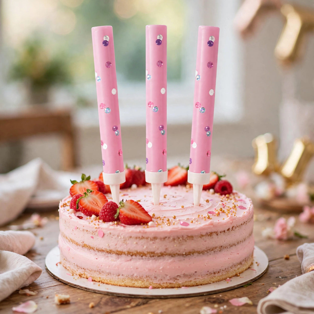Pink Glitz Ice Fountain Cake Decorations placed on a celebration cake for birthdays and special occasions