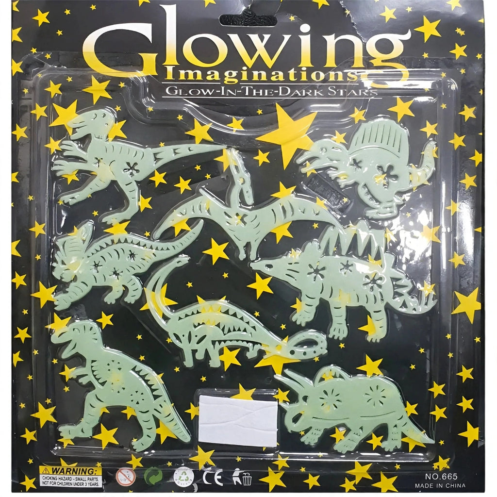 Close-up view of Glow In The Dark Stick On Dinosaurs showing dinosaur shapes and adhesive backing