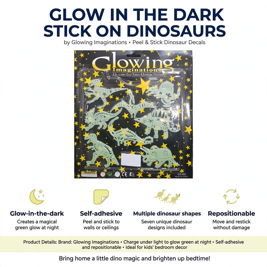 Infographic highlighting glow-in-the-dark feature, self-adhesive backing, multiple dinosaur designs, and repositionable stickers