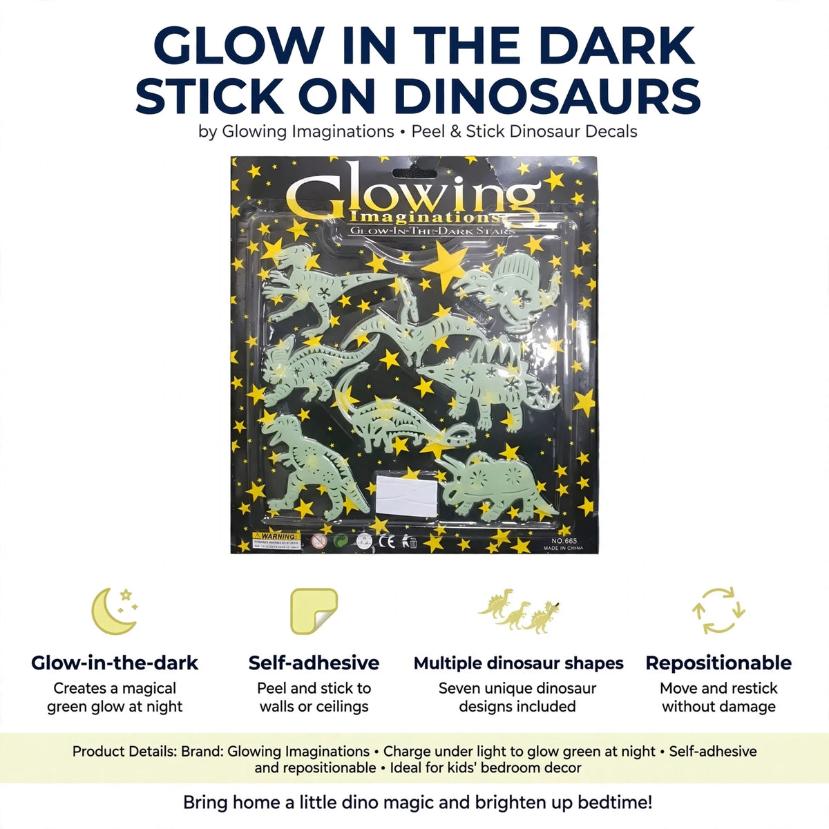 Infographic highlighting glow-in-the-dark feature, self-adhesive backing, multiple dinosaur designs, and repositionable stickers