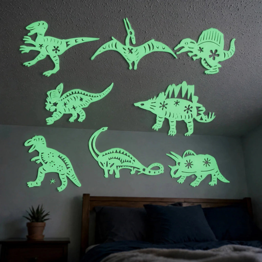 Glow In The Dark Stick On Dinosaurs applied to walls and ceiling in a child's bedroom