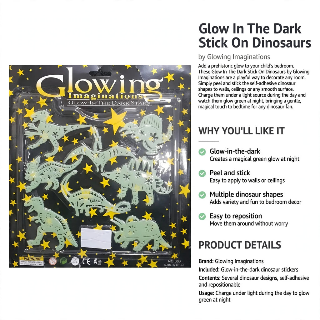 Information about glow-in-the-dark effect, peel and stick application, and repositionable dinosaur stickers