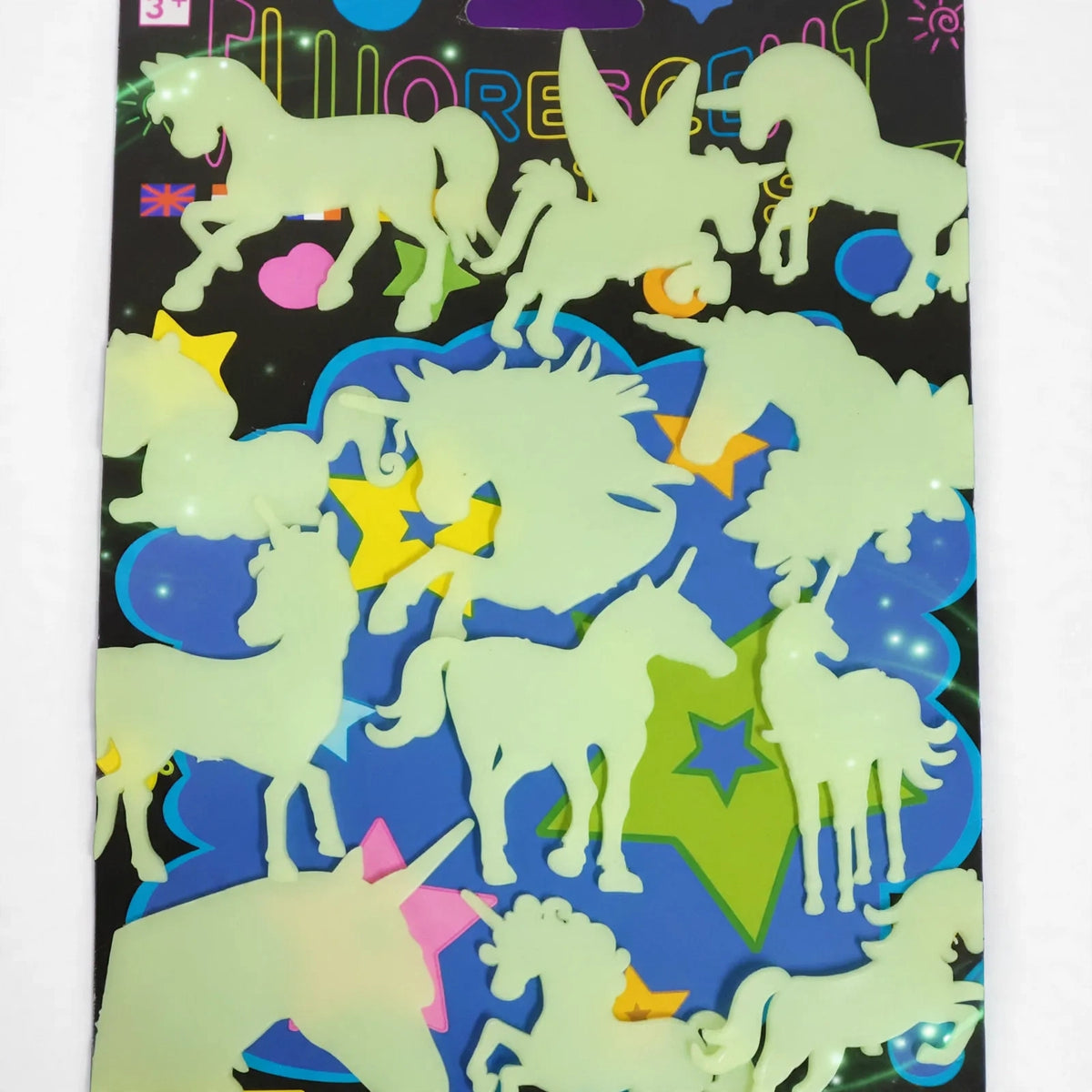 Close-up view of Glow In The Dark Stick On Unicorns showing different unicorn shapes and sizes