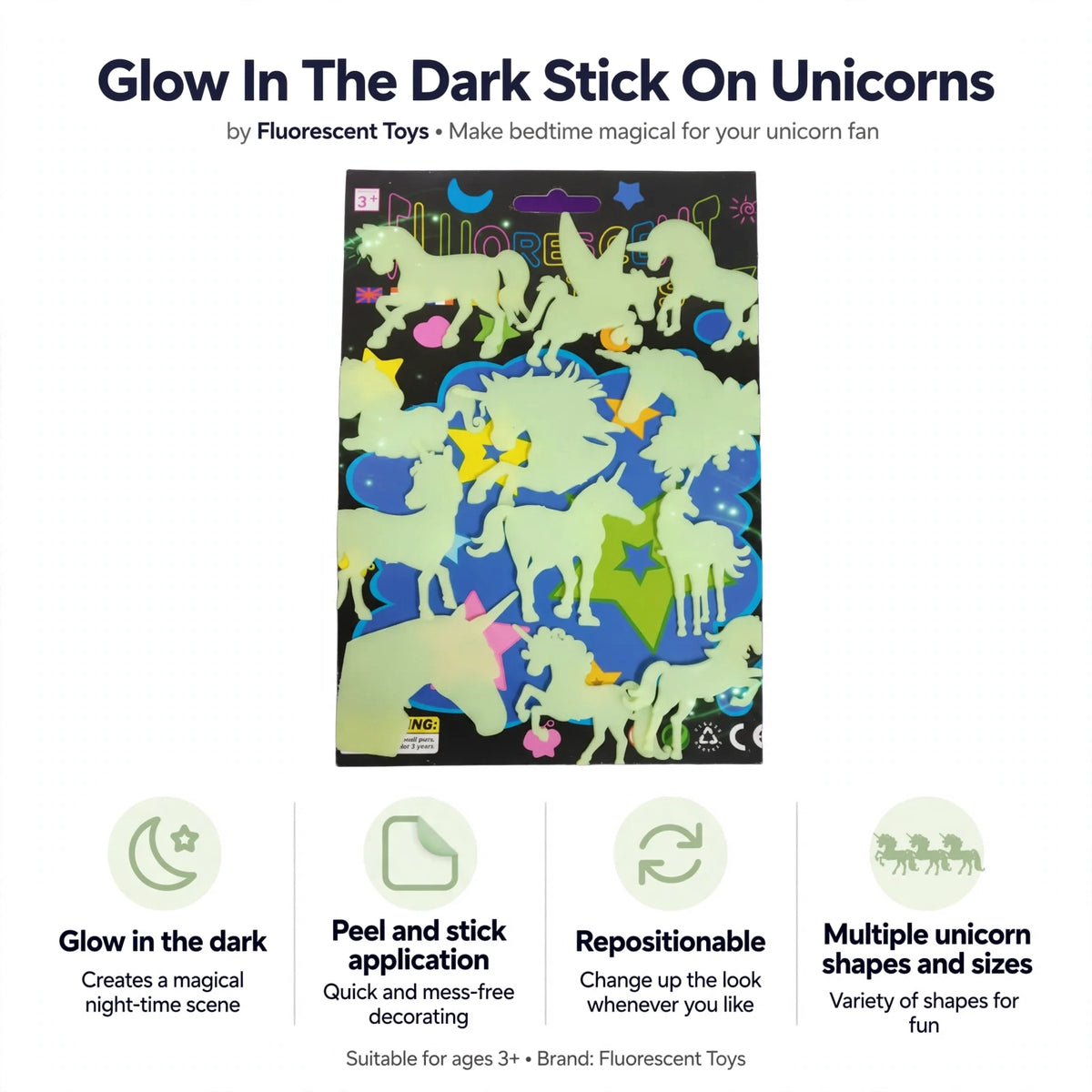 Infographic showing glow in the dark, peel and stick, repositionable, and multiple unicorn designs features