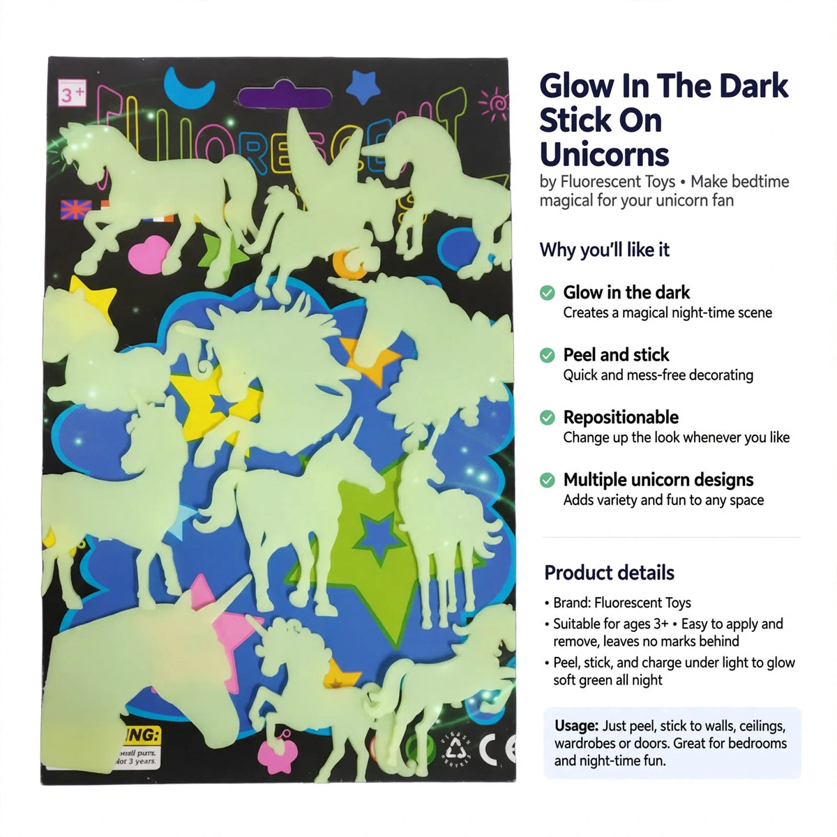 Information about glow in the dark effect, peel and stick application, repositionable stickers, and suitability for ages 3 and up