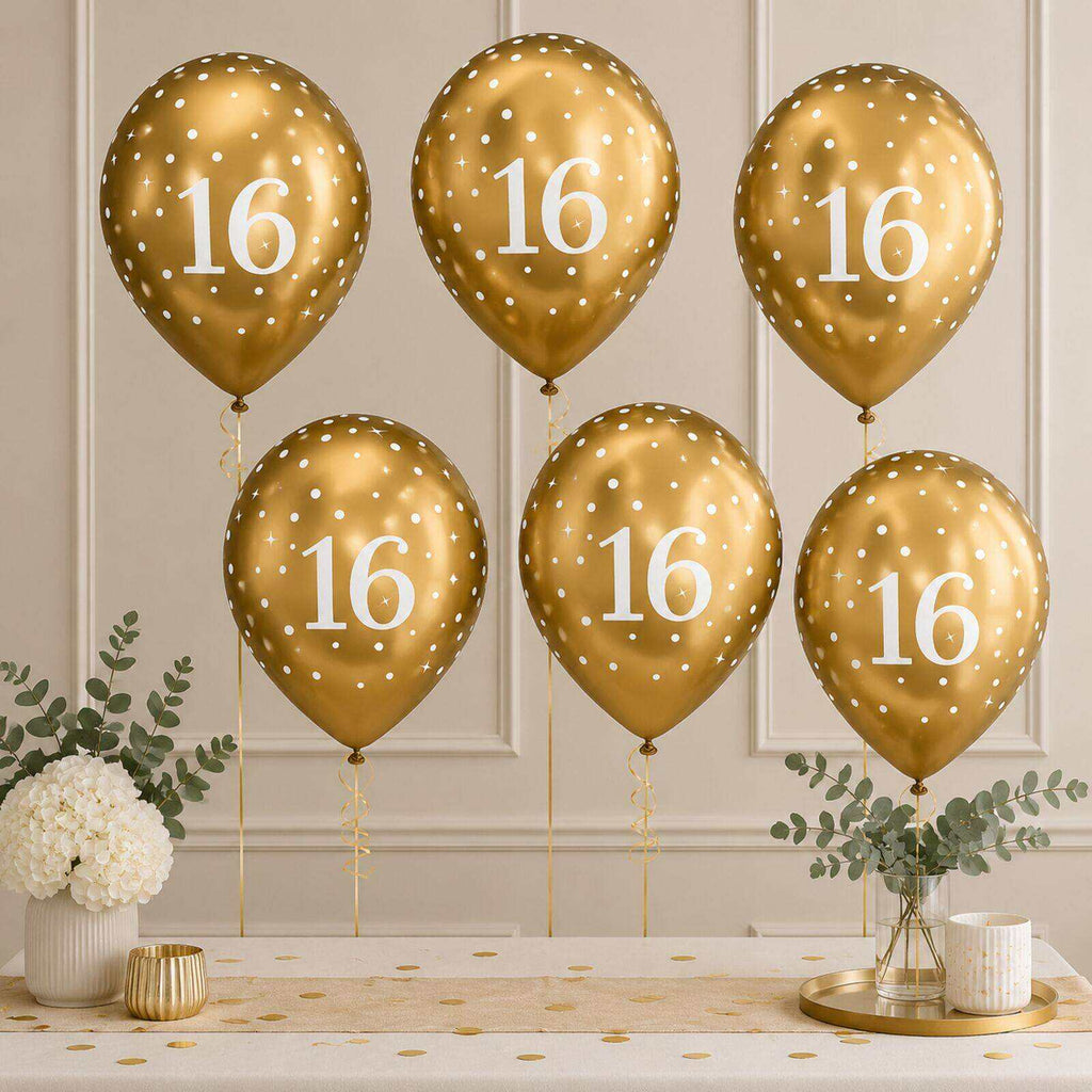 Six gold 16th birthday balloons arranged as a party backdrop