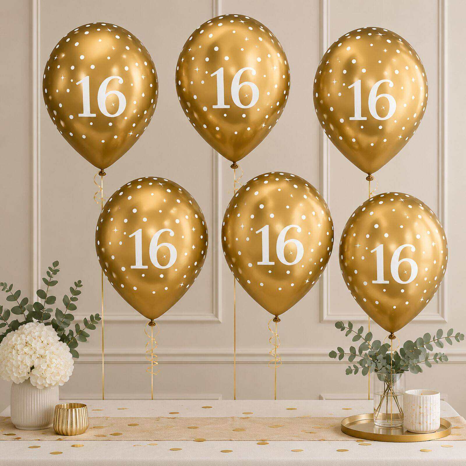 Six gold 16th birthday balloons arranged as a party backdrop