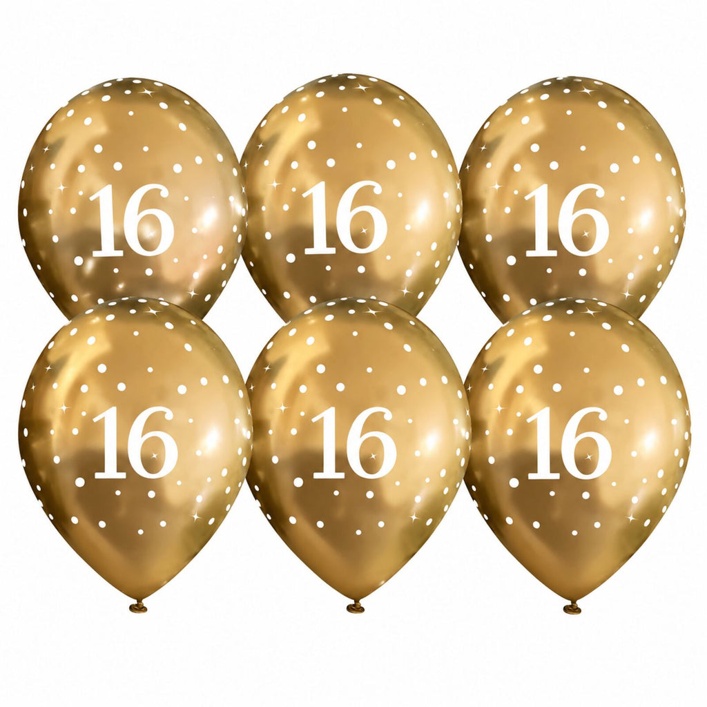 Six gold 16th birthday latex balloons with white number 16 print