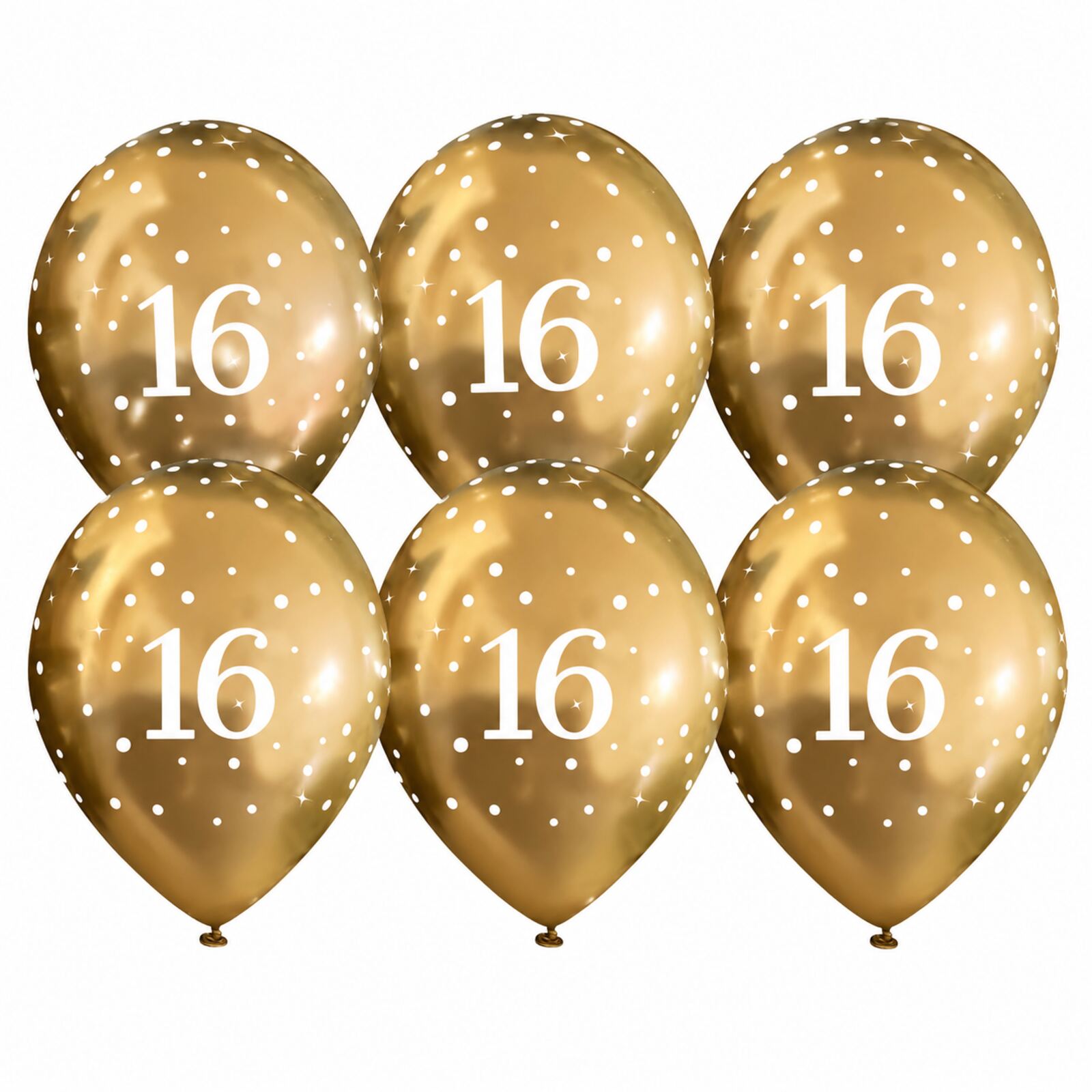 Six gold 16th birthday latex balloons with white number 16 print
